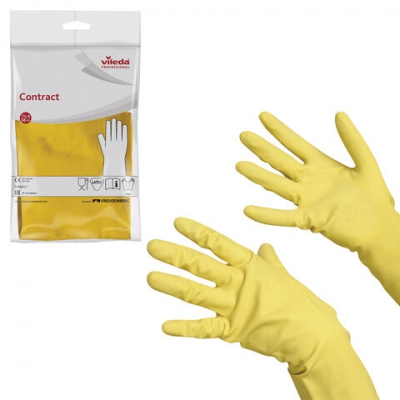 Перчатки хозяйственные резиновые VILEDA "Контракт" с х/б напылением, размер M (средний), желтые, 101, арт.: 602148